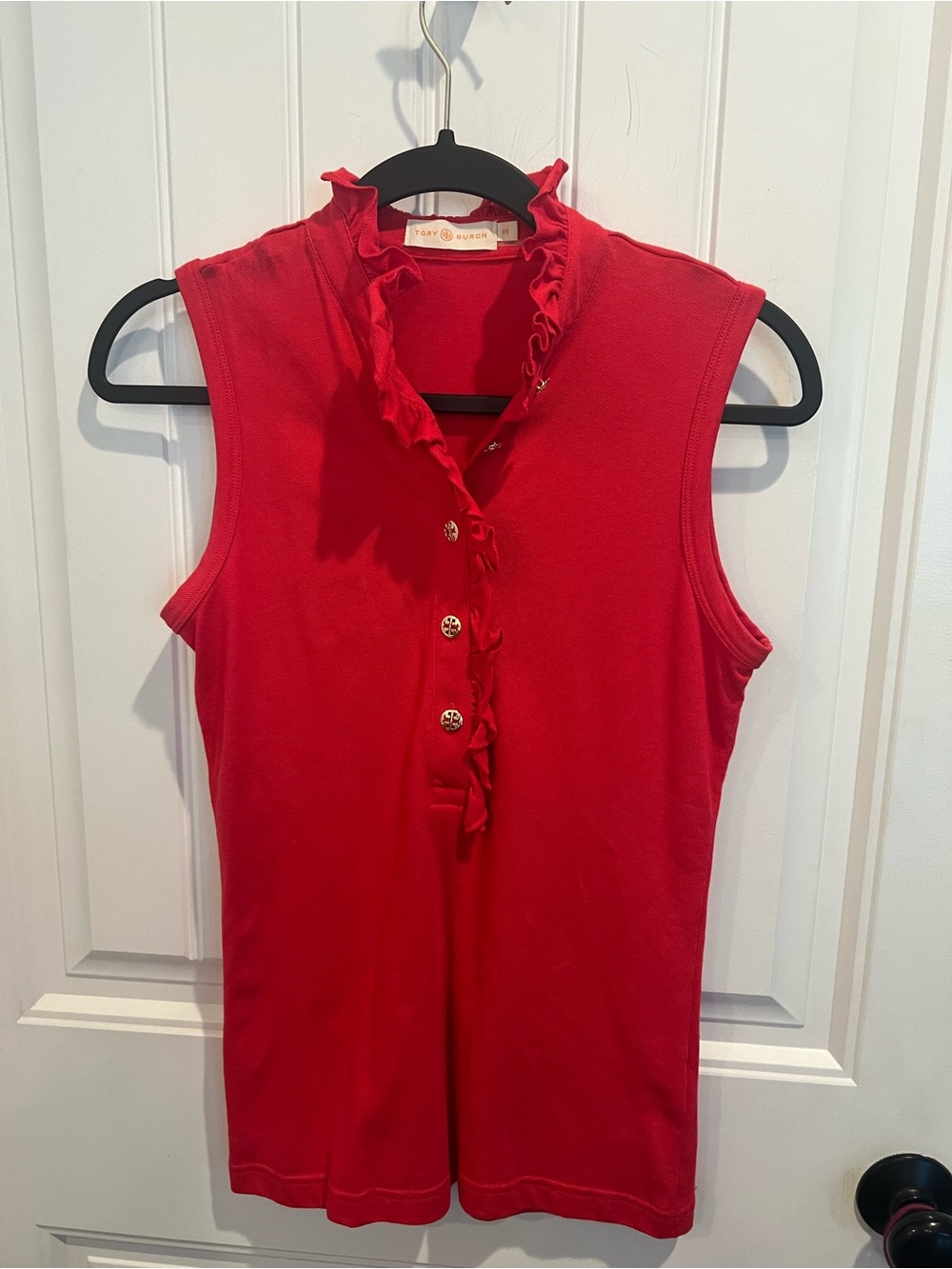Tory Burch Red Ruffled Mock Neck Half Button Up Tank Top SZ XS